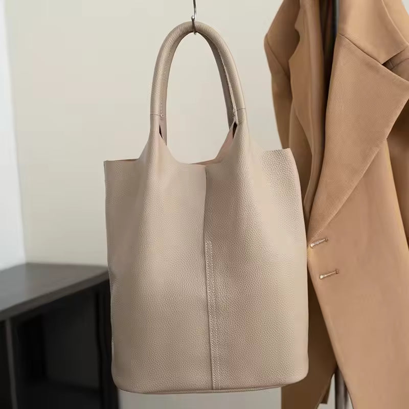 Executive Leather Bucket Tote | Minimalist Large Capacity Shopper Bag