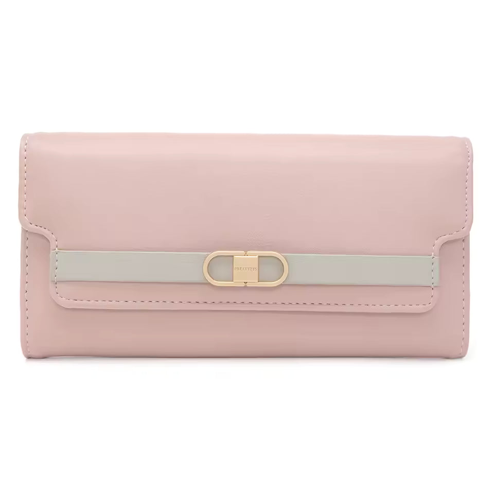 2026 spring new long purse high-end boutique Japanese and South Korea small fresh solid color hardware buckle three fold bag