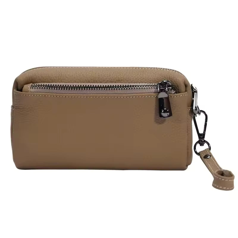 Sophisticated Leather Wristlet Clutch - Genuine Cowhide Portable Purse for Women