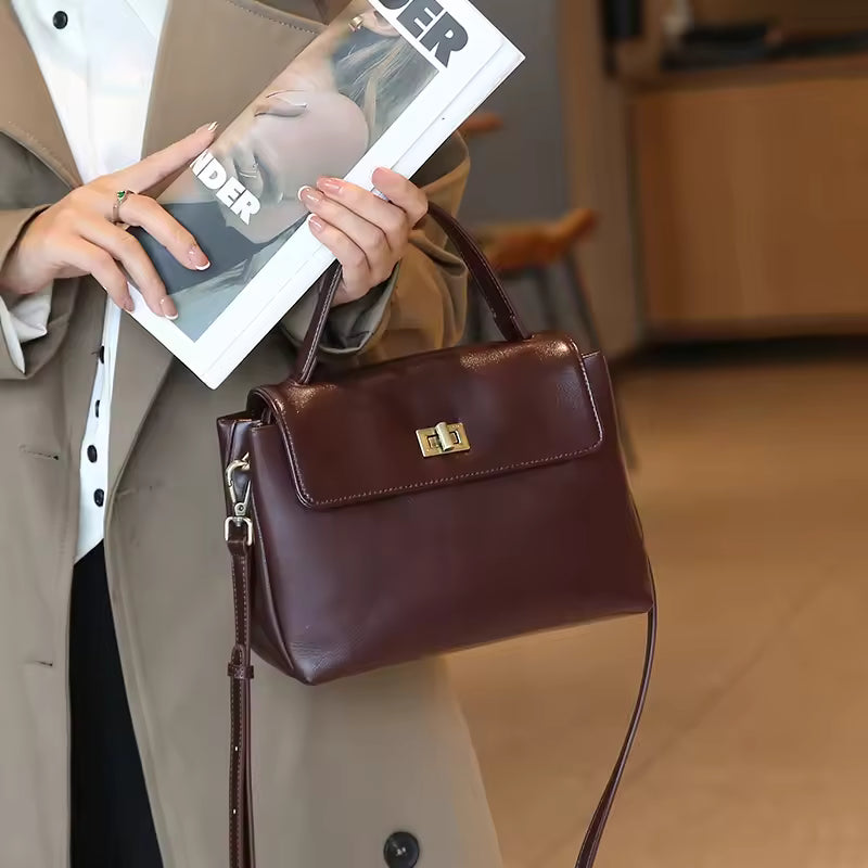 Chic Cowhide Leather Handheld Bag | Versatile Luxury Shoulder & Crossbody Tote