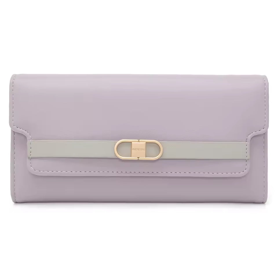 2026 spring new long purse high-end boutique Japanese and South Korea small fresh solid color hardware buckle three fold bag