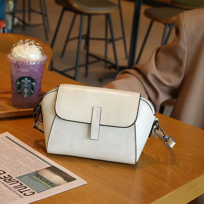 Women's Oil Wax Cowhide Genuine Leather Crossbody Bag Small Solid Cow Shoulder Shell Hand Bag Luxury Brand Bag Accessories