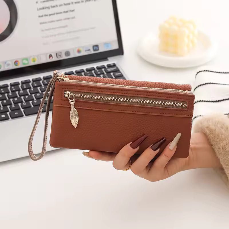 New Women's Long Wallet High-Quality PU Litchi Texture Handheld Double Zipper Long Wallet Fashionable Versatile Multi-Card Slot
