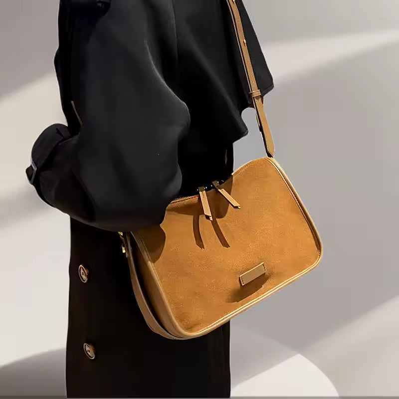 Rugged Vintage Suede Shoulder Bag - Wearable Soft Leather Tote for Daily Commute
