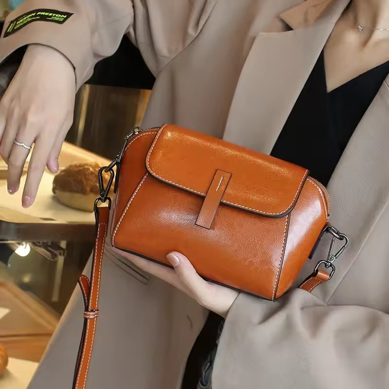 Women's Oil Wax Cowhide Genuine Leather Crossbody Bag Small Solid Cow Shoulder Shell Hand Bag Luxury Brand Bag Accessories