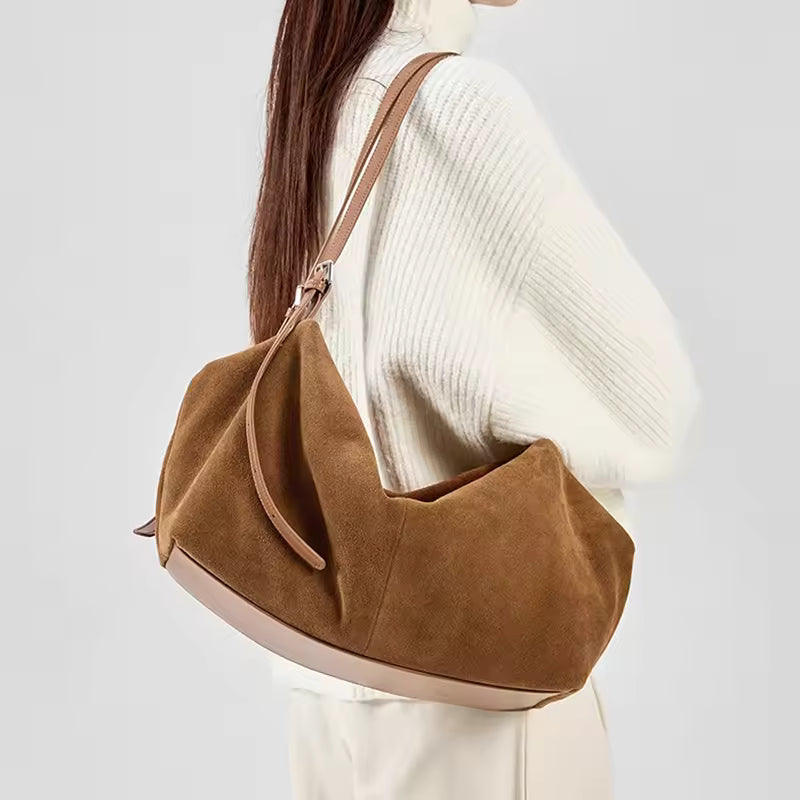 Vintage Suede Leather Shoulder Bag - Luxury Soft Cowhide Commuter Tote