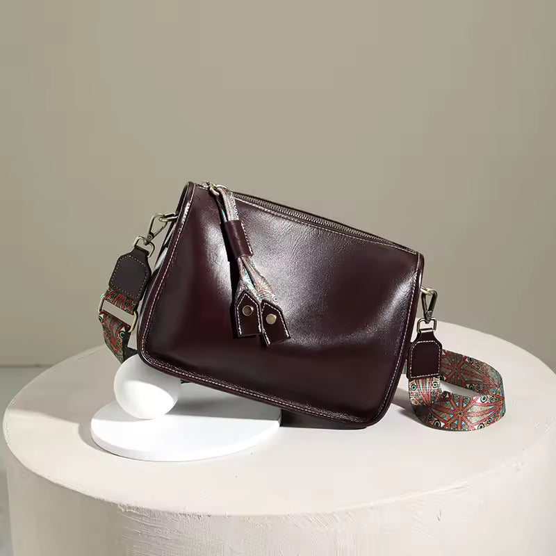 Women's Real 100% Cowhide Leather Wide Shoulder Bag Solid Color Soft Cow Leather Crossbody Bag Luxury Messenger Bag Ladies Gift