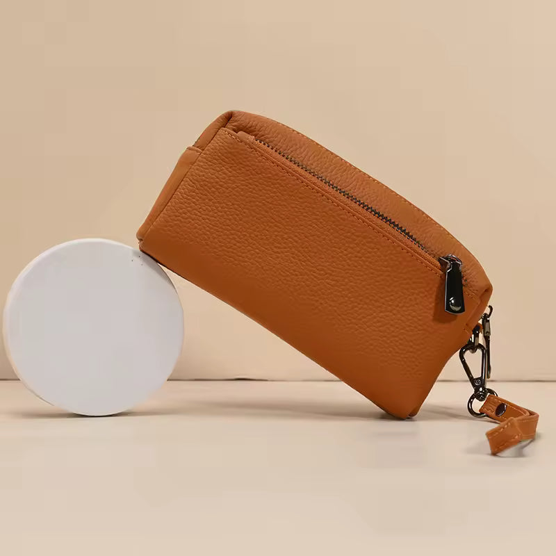 Sophisticated Leather Wristlet Clutch - Genuine Cowhide Portable Purse for Women