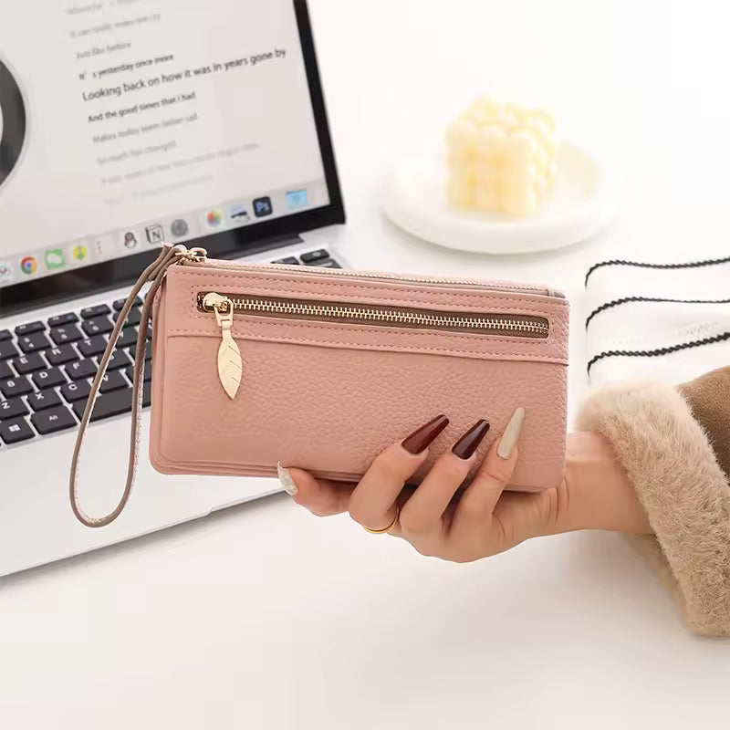 New Women's Long Wallet High-Quality PU Litchi Texture Handheld Double Zipper Long Wallet Fashionable Versatile Multi-Card Slot