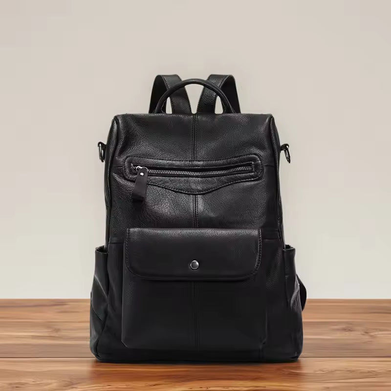 Sophisticated Soft Leather Travel Bag - Minimalist Black Cowhide Backpack