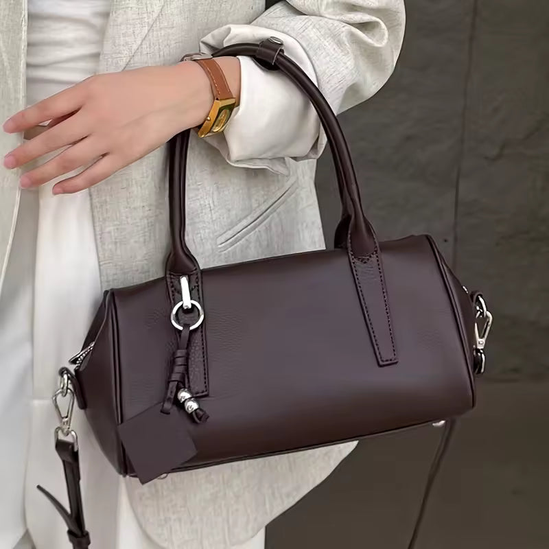 Women's Coffee Cowhide Genuine Leather Shoulder Bags Female Designer Retro Boston Tote Soft Matte Crossbody Cow Leather Bag