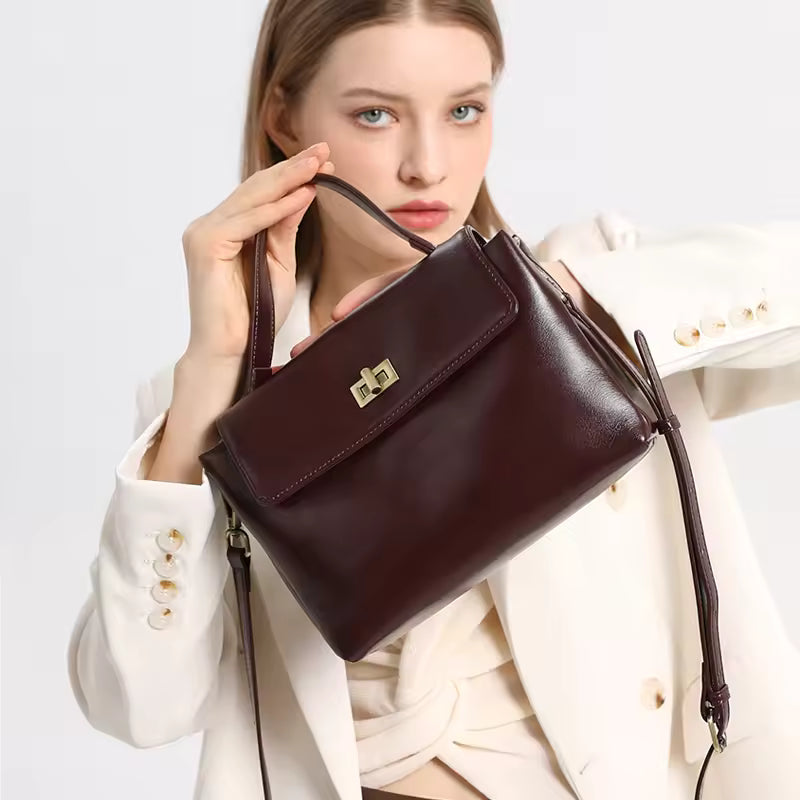 Chic Cowhide Leather Handheld Bag | Versatile Luxury Shoulder & Crossbody Tote