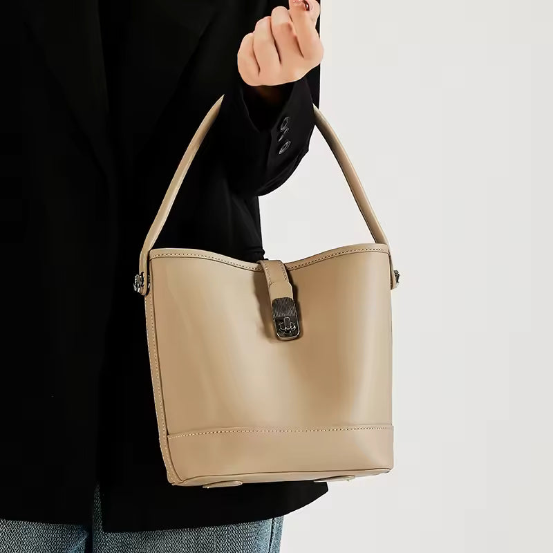 Genuine Cowhide Leather Women's Bucket Handbag For Ladies Soft Large Capacity Shoulder & Crossbody Bag Luxury Brand Messenger