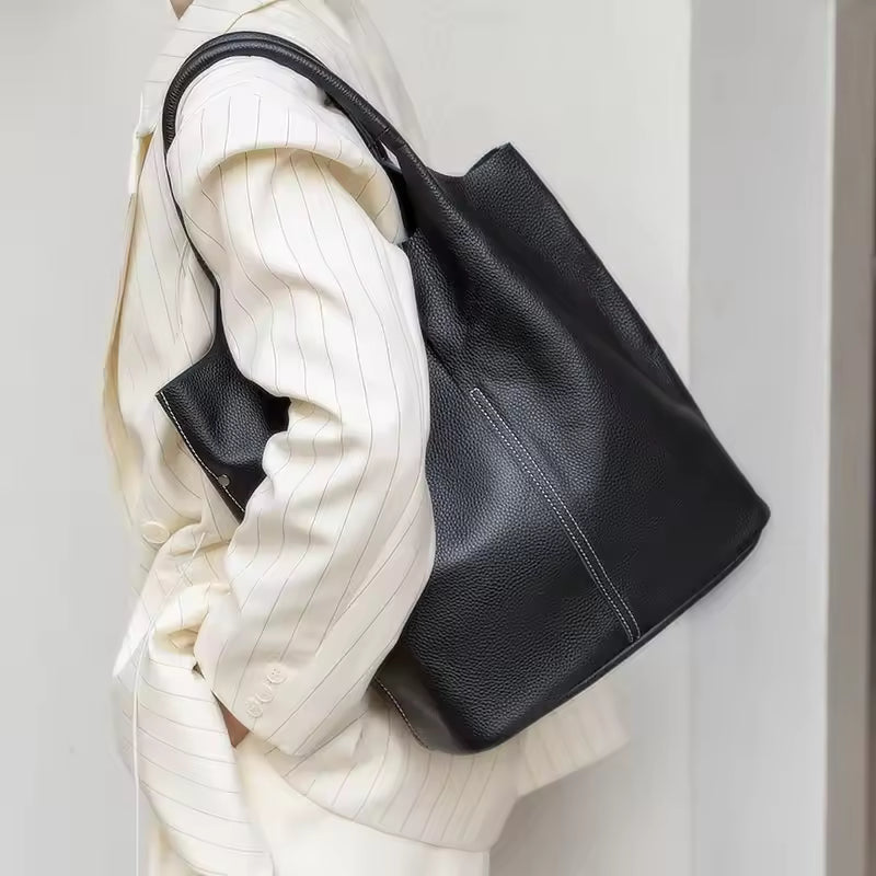 Executive Leather Bucket Tote | Minimalist Large Capacity Shopper Bag