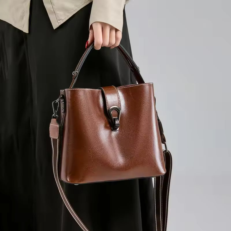 Ladies Waxed Cowhid Genuine Leather Bag Women's Retro Top-grain leather Shoulder Handbag Female Cowhide Commuting Crossbody Bags