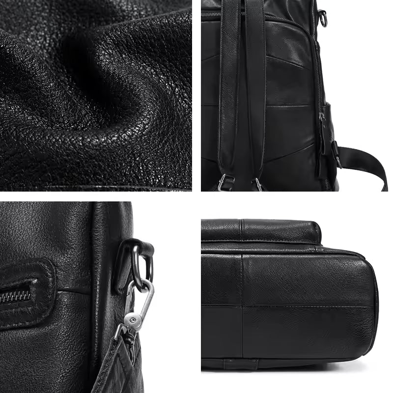 Sophisticated Soft Leather Travel Bag - Minimalist Black Cowhide Backpack