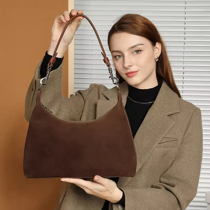 Retro Genuine Leather Suede Handbag Cowhide Women's Underarm Shoulder Crossbody Bag For Ladies Velvety Bag Luxury Designer Bags