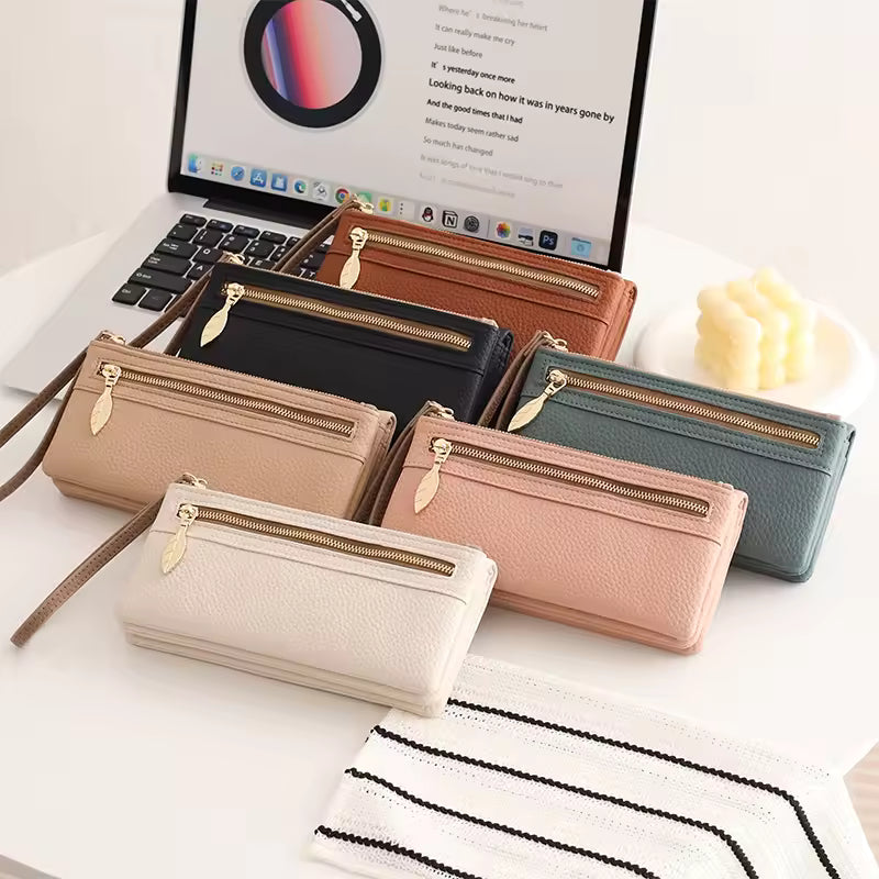 New Women's Long Wallet High-Quality PU Litchi Texture Handheld Double Zipper Long Wallet Fashionable Versatile Multi-Card Slot
