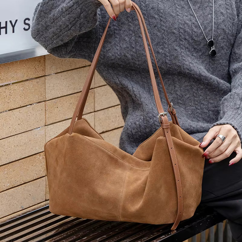 Vintage Suede Leather Shoulder Bag - Luxury Soft Cowhide Commuter Tote