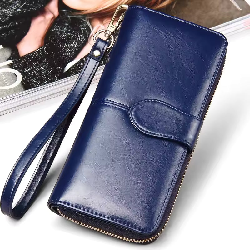 Hot selling women wallet korean American style oil wax wallets zipper note clip women card package mobile phone women clutch