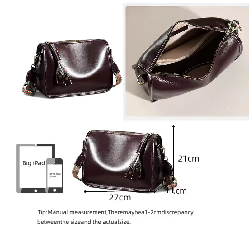 Women's Real 100% Cowhide Leather Wide Shoulder Bag Solid Color Soft Cow Leather Crossbody Bag Luxury Messenger Bag Ladies Gift