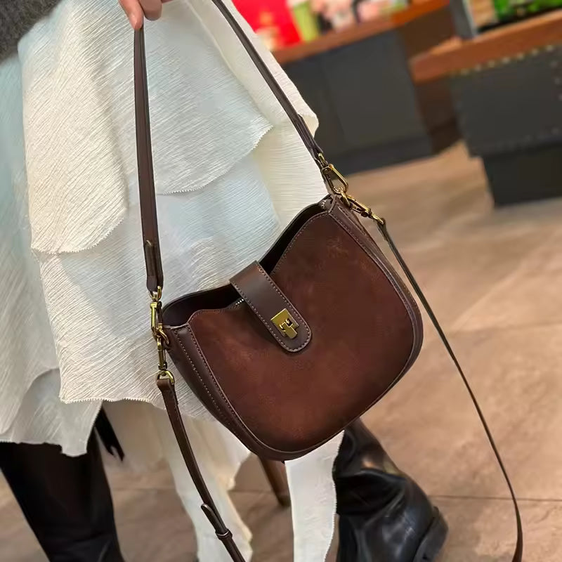 Dual-Texture Cowhide Shoulder Bag - Luxury Suede & Smooth Leather Handbag