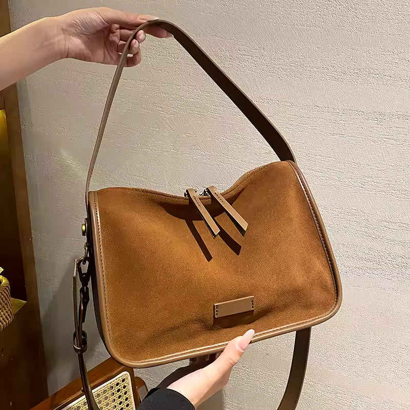 Rugged Vintage Suede Shoulder Bag - Wearable Soft Leather Tote for Daily Commute