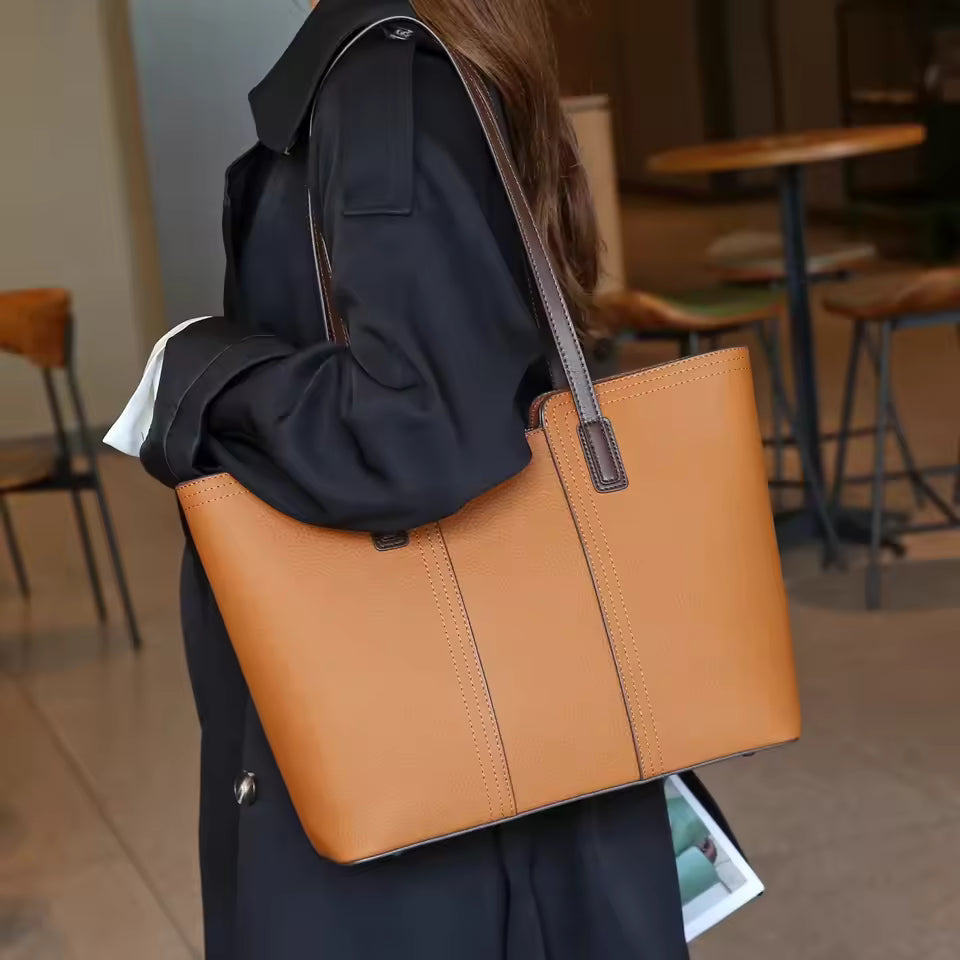 Women's Genuine Cowhide Leather Large Capacity Tote Bag Lightweight Luxury Designer Shoulder Bag Casual Work Handbag For Ladies