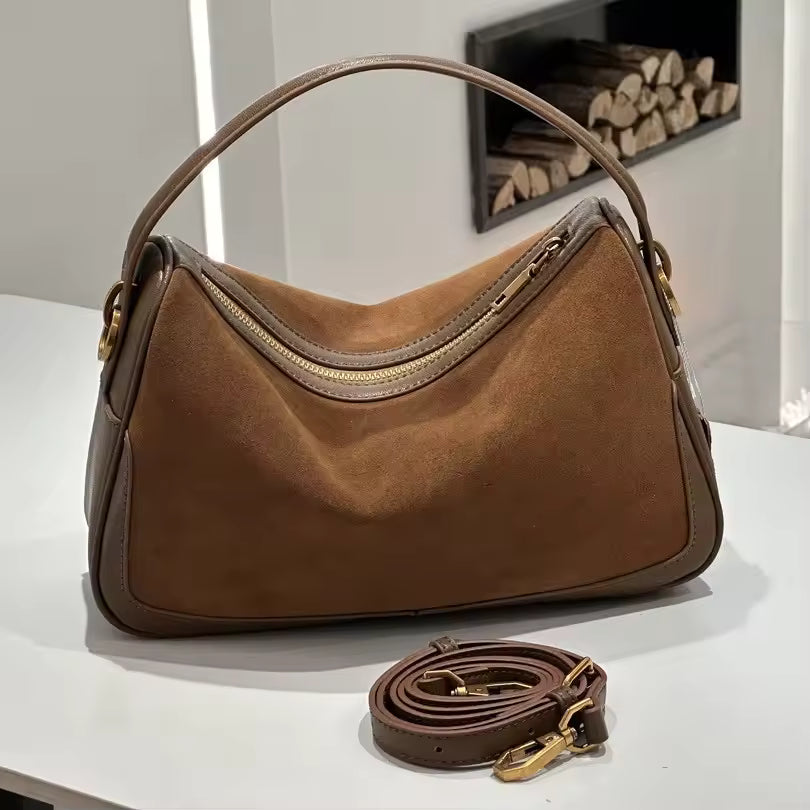 Women's Genuine Suede Cowhide Leather Shoulder Bag Retro Large Capacity Cow Crossbody Bag Handbag Luxury Brand Bag Accessories