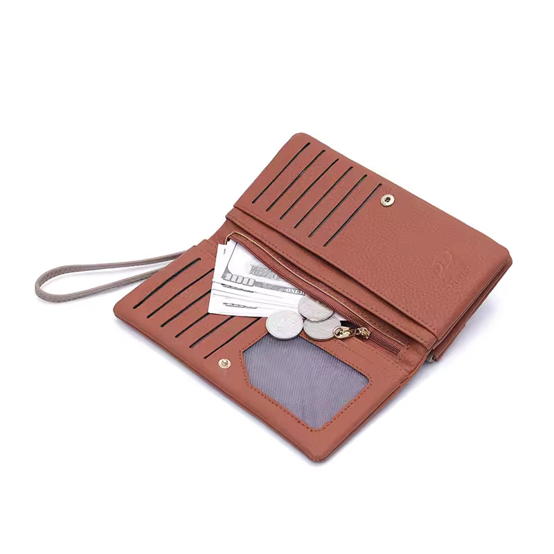 New Women's Long Wallet High-Quality PU Litchi Texture Handheld Double Zipper Long Wallet Fashionable Versatile Multi-Card Slot