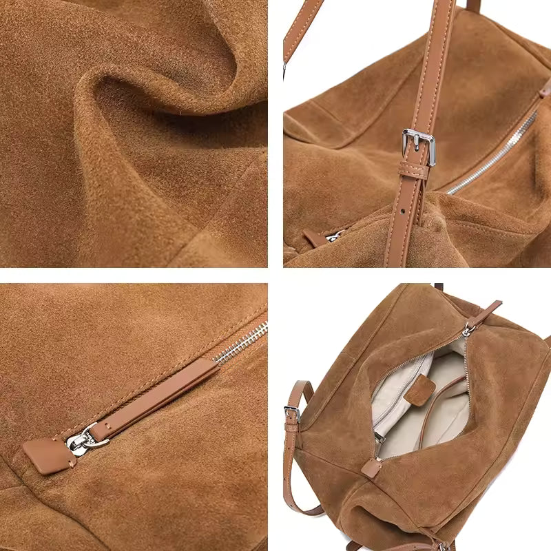 Vintage Suede Leather Shoulder Bag - Luxury Soft Cowhide Commuter Tote