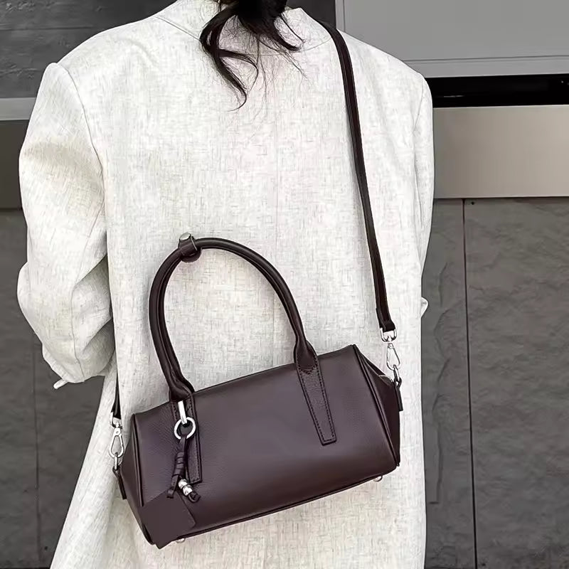 Women's Coffee Cowhide Genuine Leather Shoulder Bags Female Designer Retro Boston Tote Soft Matte Crossbody Cow Leather Bag