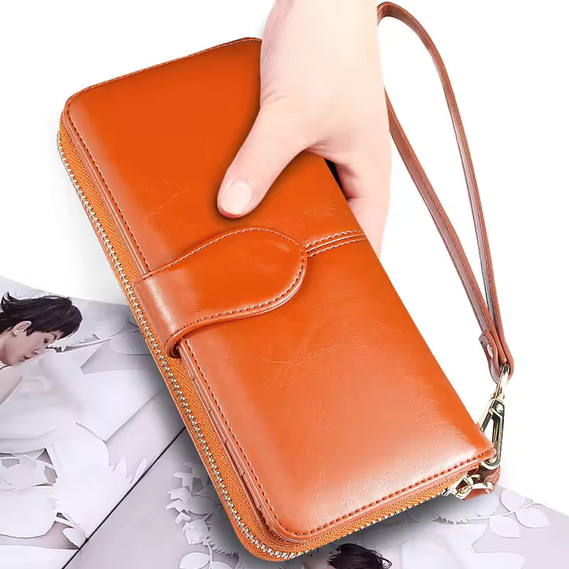 Hot selling women wallet korean American style oil wax wallets zipper note clip women card package mobile phone women clutch