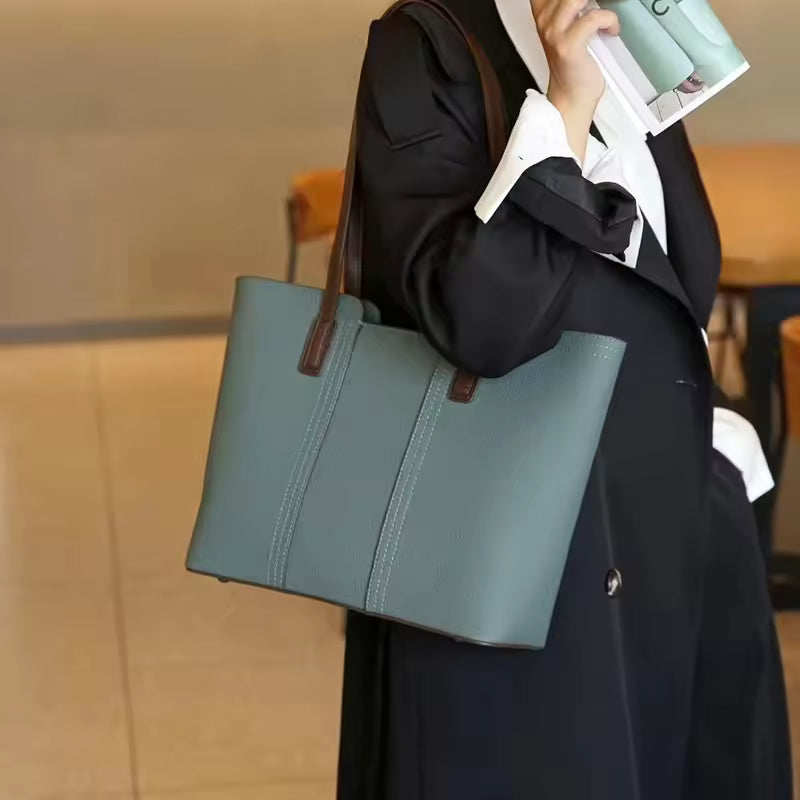 Women's Genuine Cowhide Leather Large Capacity Tote Bag Lightweight Luxury Designer Shoulder Bag Casual Work Handbag For Ladies
