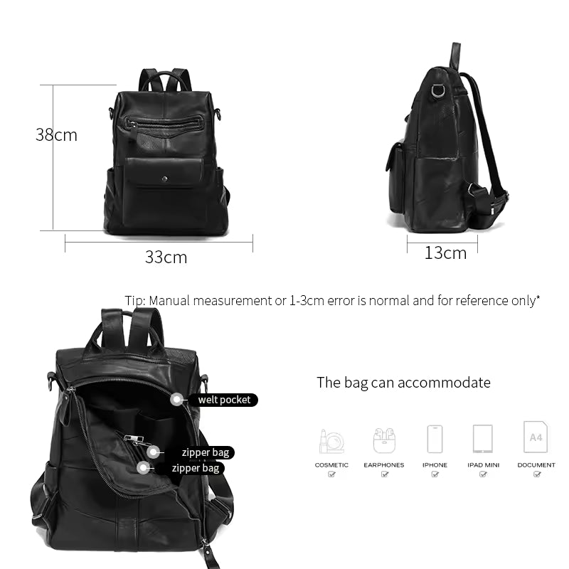 Sophisticated Soft Leather Travel Bag - Minimalist Black Cowhide Backpack