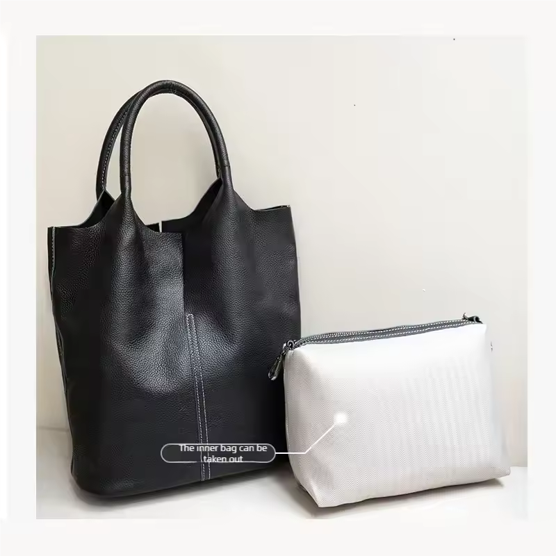 Executive Leather Bucket Tote | Minimalist Large Capacity Shopper Bag