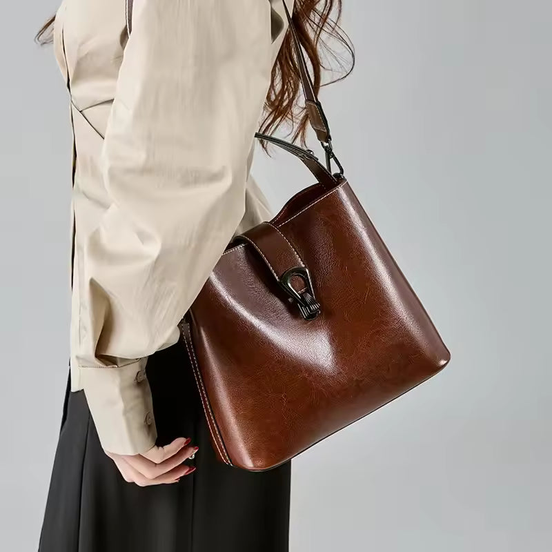 Ladies Waxed Cowhid Genuine Leather Bag Women's Retro Top-grain leather Shoulder Handbag Female Cowhide Commuting Crossbody Bags