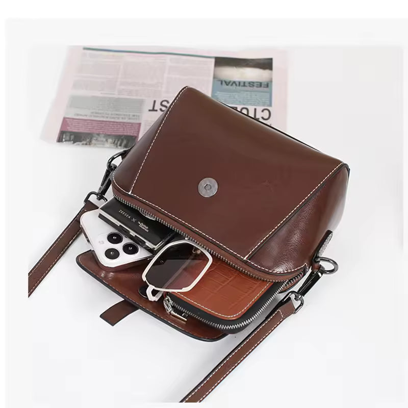 Women's Oil Wax Cowhide Genuine Leather Crossbody Bag Small Solid Cow Shoulder Shell Hand Bag Luxury Brand Bag Accessories