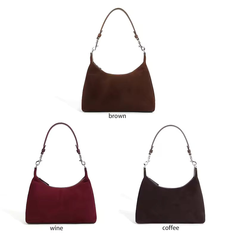 Retro Genuine Leather Suede Handbag Cowhide Women's Underarm Shoulder Crossbody Bag For Ladies Velvety Bag Luxury Designer Bags
