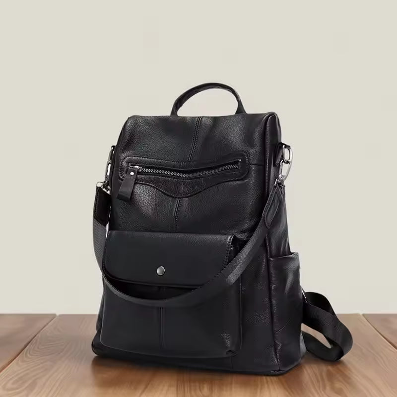 Sophisticated Soft Leather Travel Bag - Minimalist Black Cowhide Backpack
