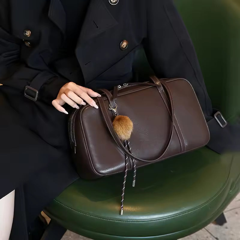 Fashion Genuine Cowhide Leather Women's Shoulder Bag Cute Large Capacity Commuter Girl Cow Brown Handbag Luxury Brand Designer