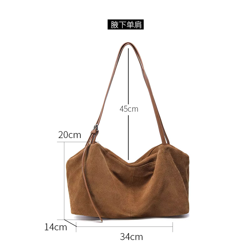 Vintage Suede Leather Shoulder Bag - Luxury Soft Cowhide Commuter Tote