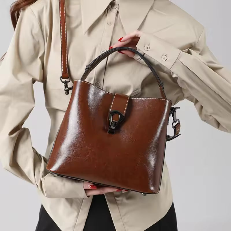 Ladies Waxed Cowhid Genuine Leather Bag Women's Retro Top-grain leather Shoulder Handbag Female Cowhide Commuting Crossbody Bags