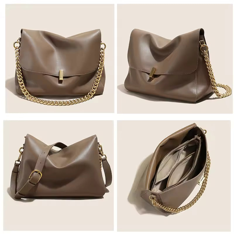 Trendy Genuine Cow Leather Shoulder Chain Bag For Women Large Capacity Single Strap Handbag Messenger Tote Bag Bolsas De Mujer