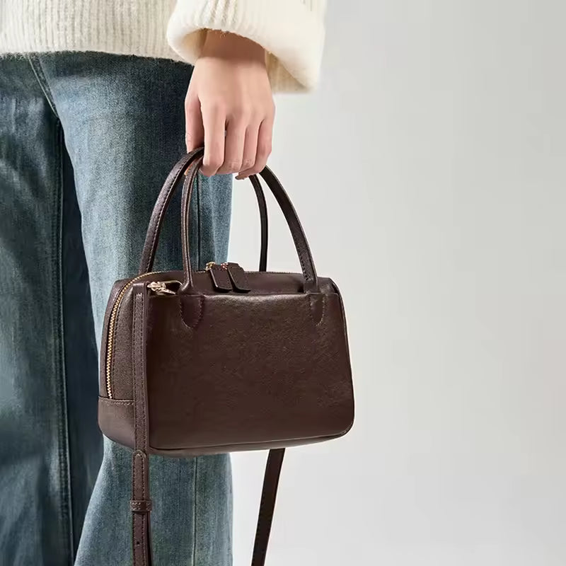 Retro Real 100% Cowhide Soft Skin Leather Women Handbag Versatile Ladies Elegant Solid Color Luxury Designer Crossbody Brand Bag