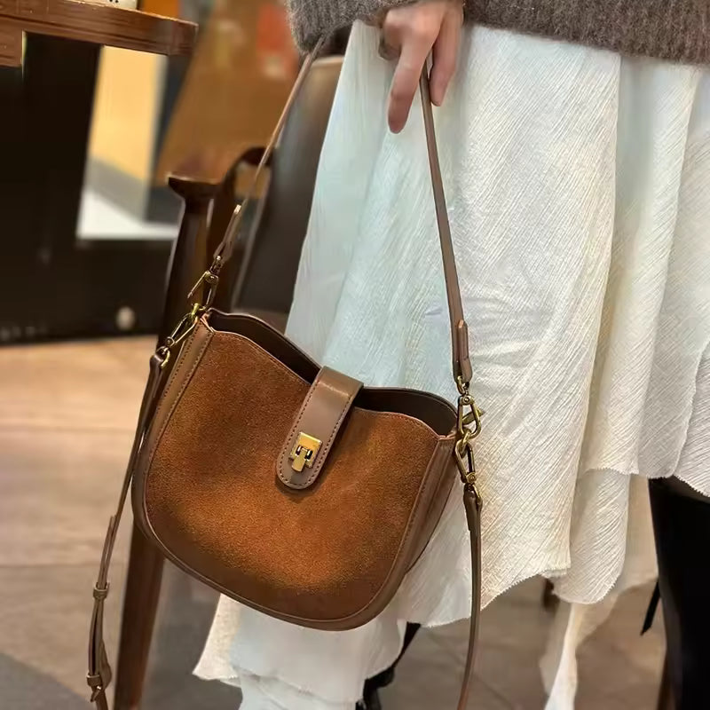 Dual-Texture Cowhide Shoulder Bag - Luxury Suede & Smooth Leather Handbag