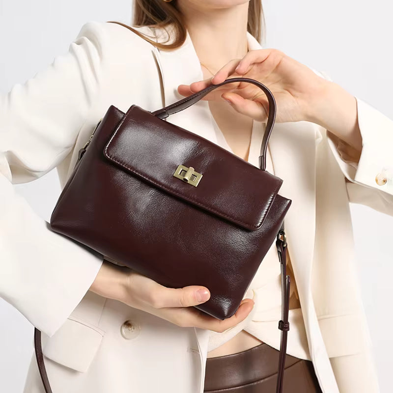 Chic Cowhide Leather Handheld Bag | Versatile Luxury Shoulder & Crossbody Tote