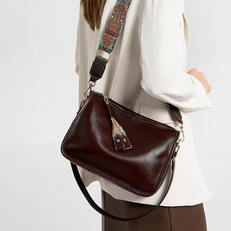 Women's Real 100% Cowhide Leather Wide Shoulder Bag Solid Color Soft Cow Leather Crossbody Bag Luxury Messenger Bag Ladies Gift