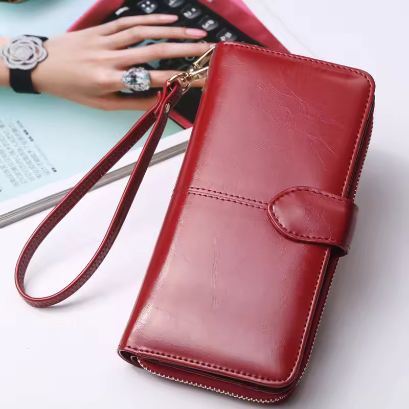 Hot selling women wallet korean American style oil wax wallets zipper note clip women card package mobile phone women clutch