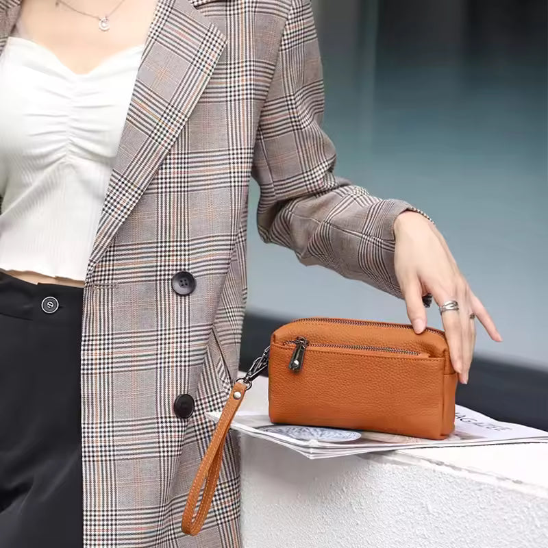 Sophisticated Leather Wristlet Clutch - Genuine Cowhide Portable Purse for Women